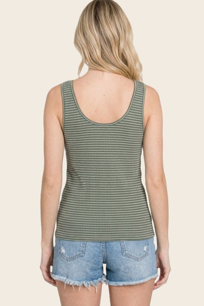 Olive Striped Knit Button Tank
