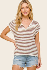 Rust Split Neck Striped Knit Top