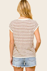 Rust Split Neck Striped Knit Top