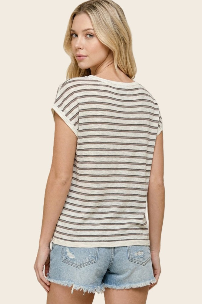Charcoal Split Neck Striped Knit Top