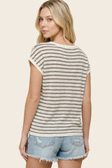 Charcoal Split Neck Striped Knit Top