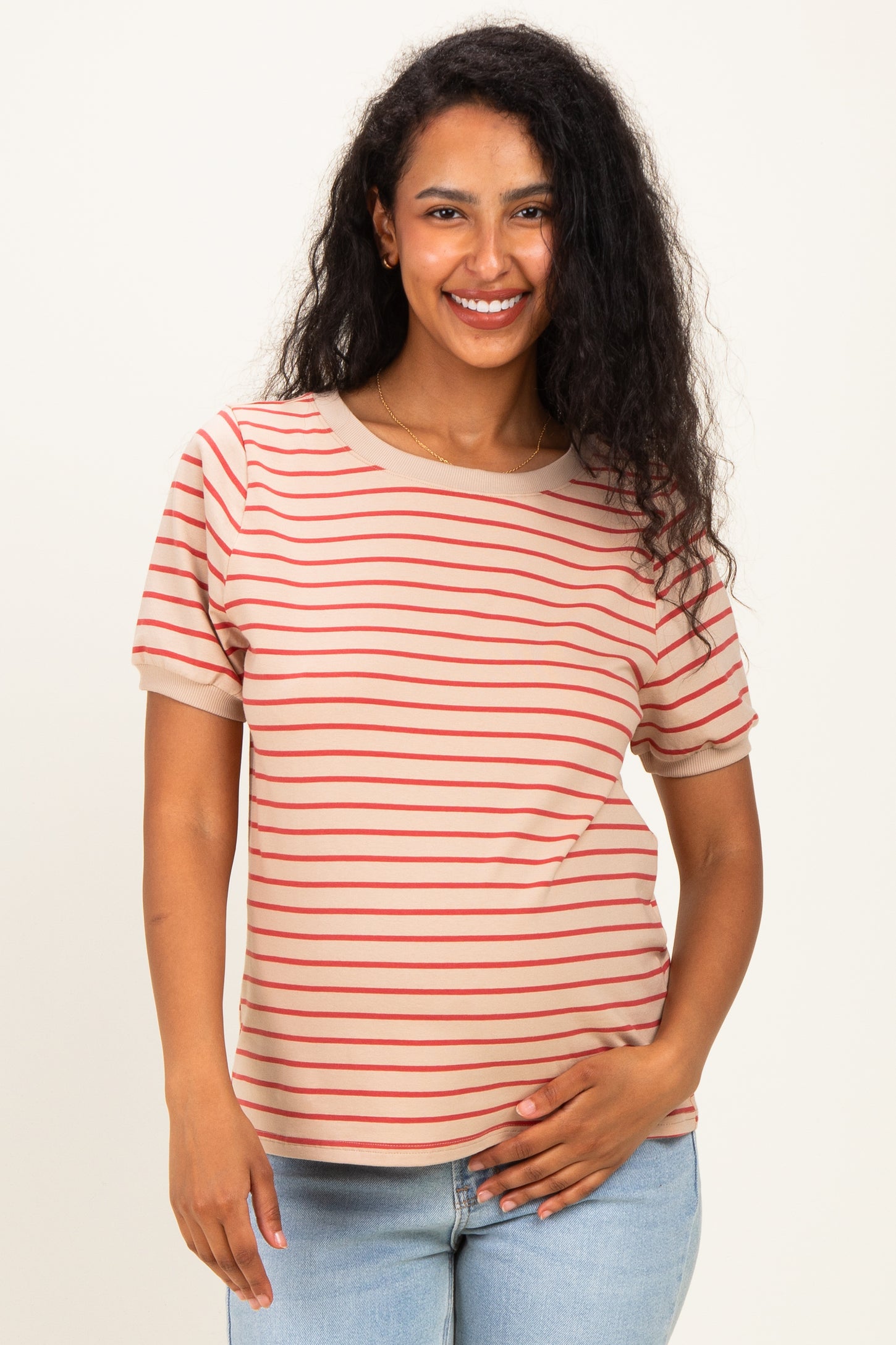 Tan Striped Solid Trim Maternity Tee