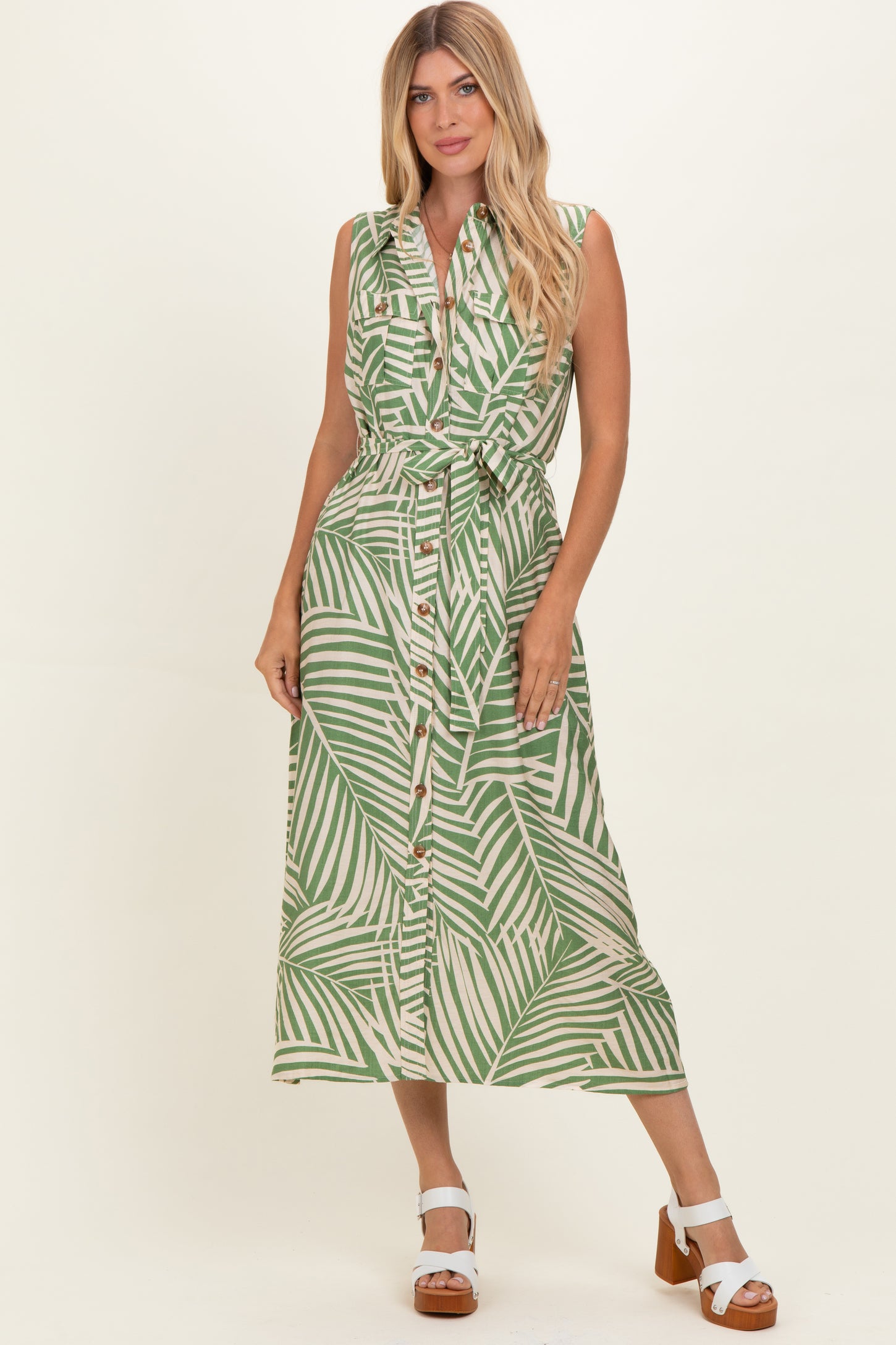 Sage Printed Sleeveless Maternity Maxi Shirt Dress