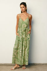 Sage Printed Waist Tie Maternity Maxi Dress
