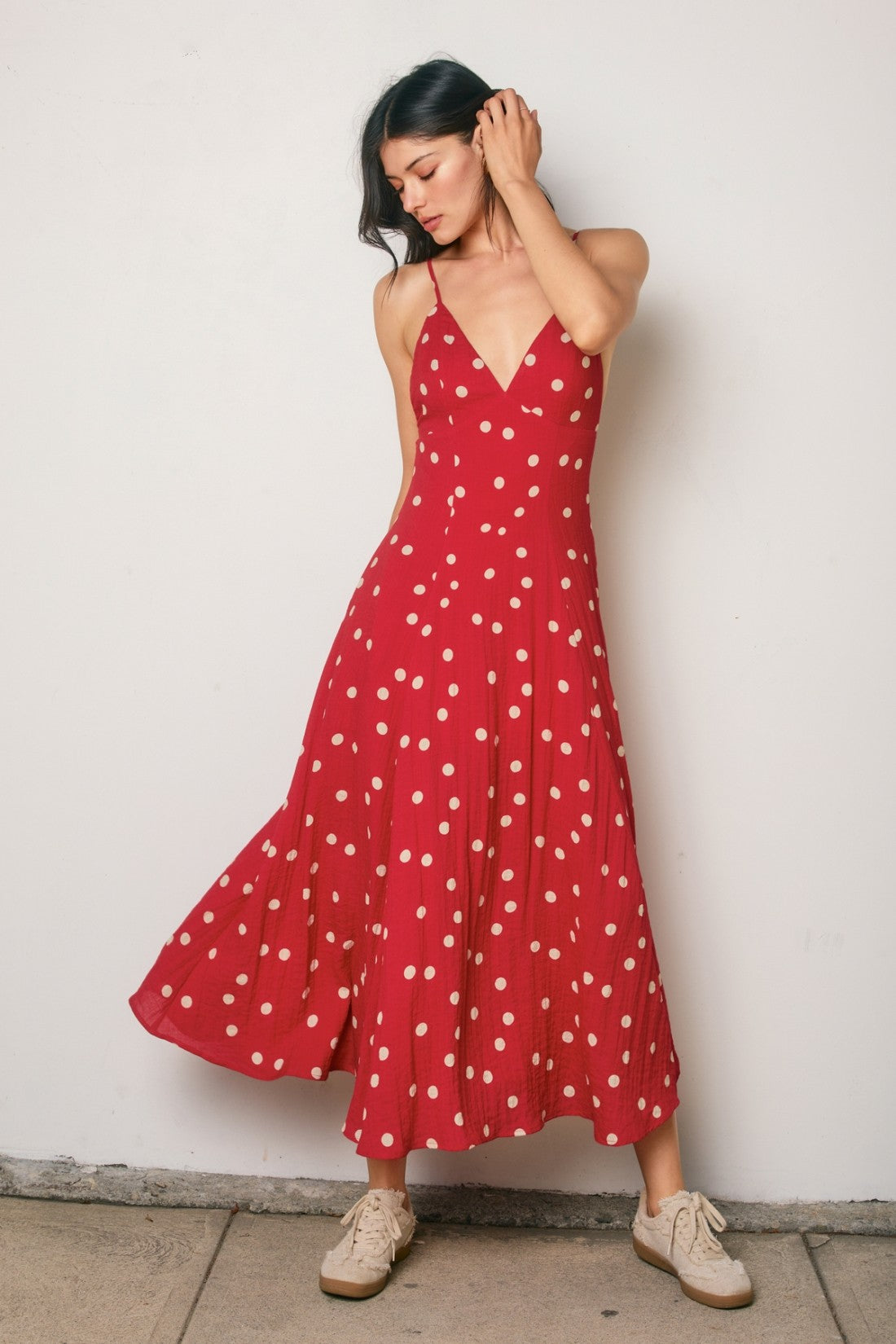 Red Polka Dot Open Back Maternity Maxi Dress