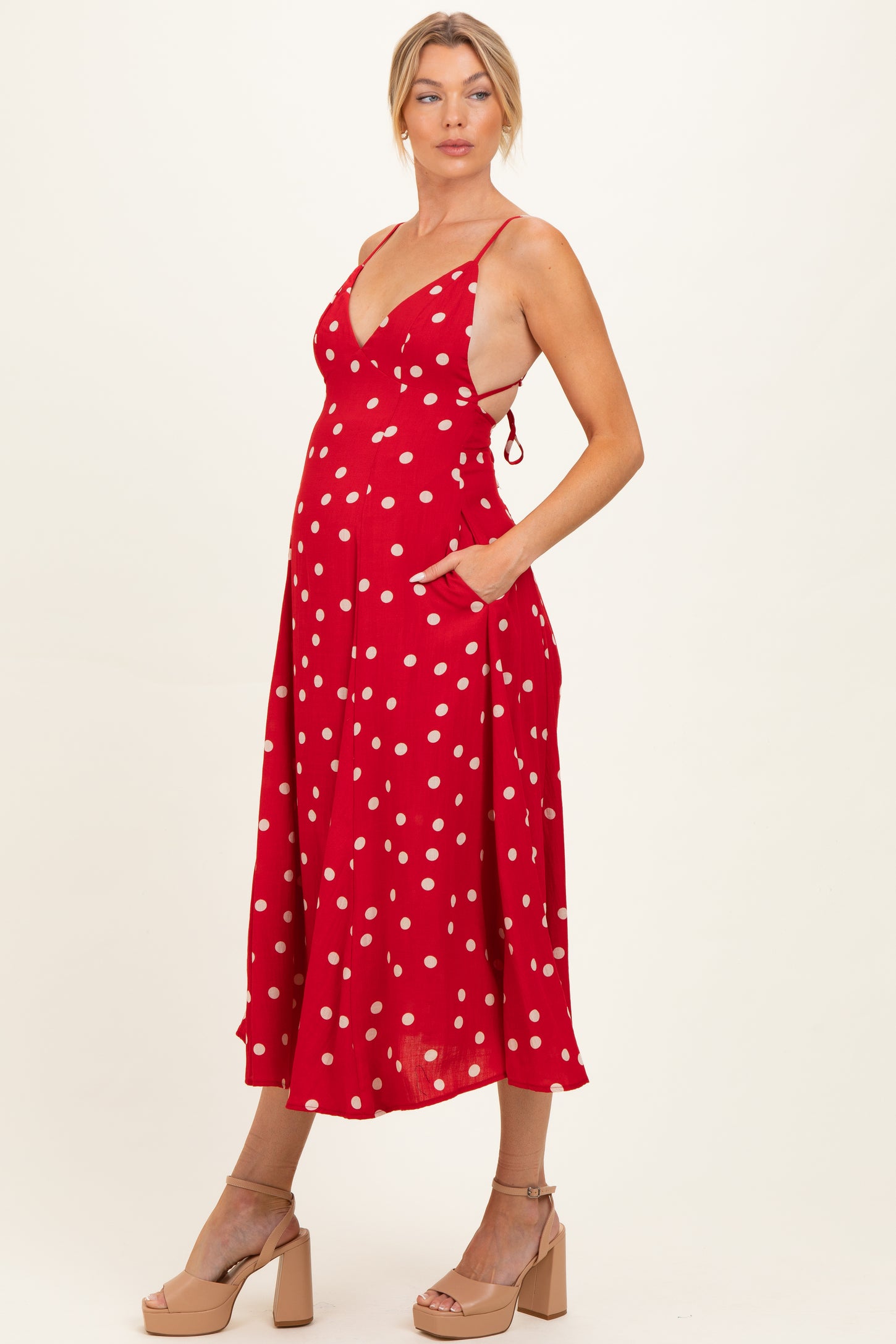 Red Polka Dot Open Back Maternity Maxi Dress