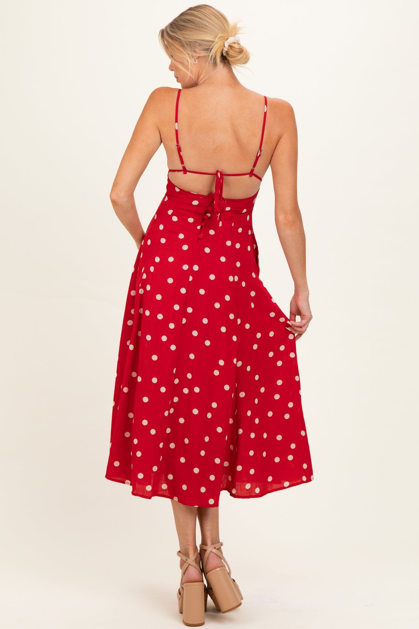 Red Polka Dot Open Back Maternity Maxi Dress