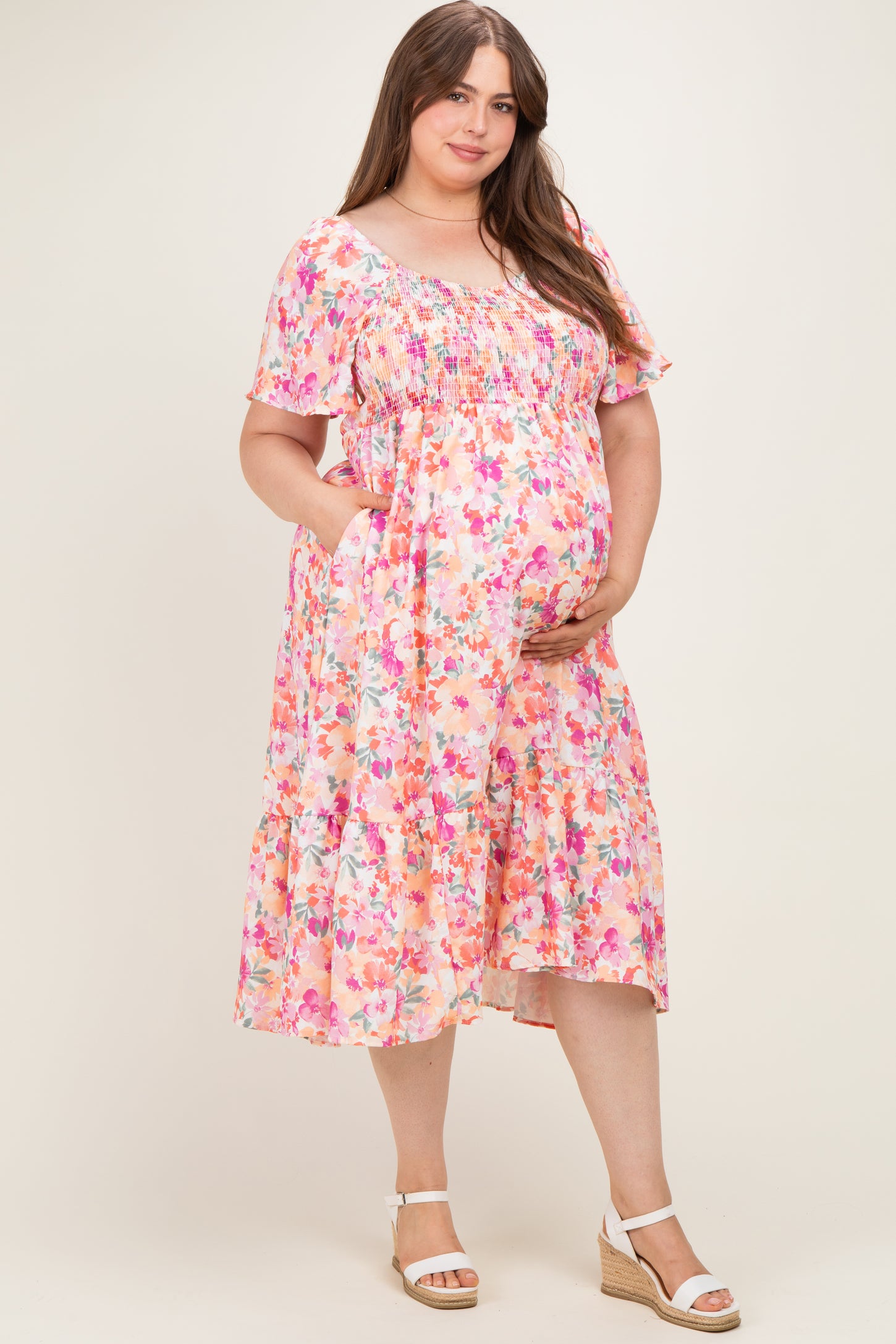 Coral Plus Sweetheart Flutter Sleeve Floral Maternity Maxi Dress