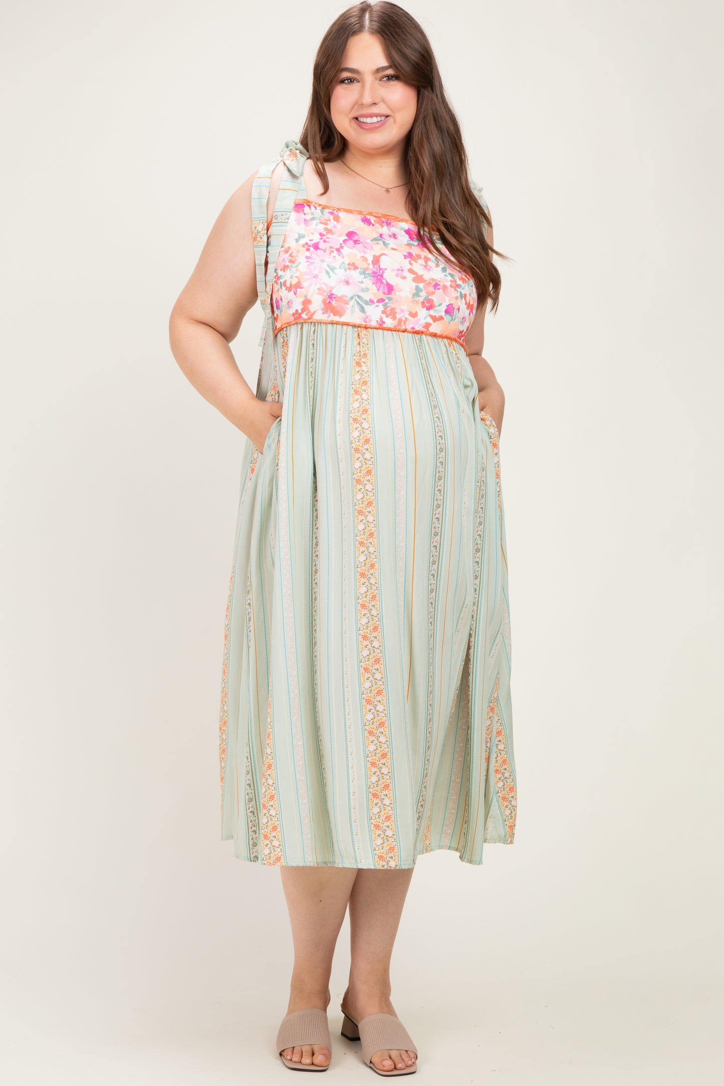 Sage Plus Floral Tie Shoulder Woven Maternity Midi Dress