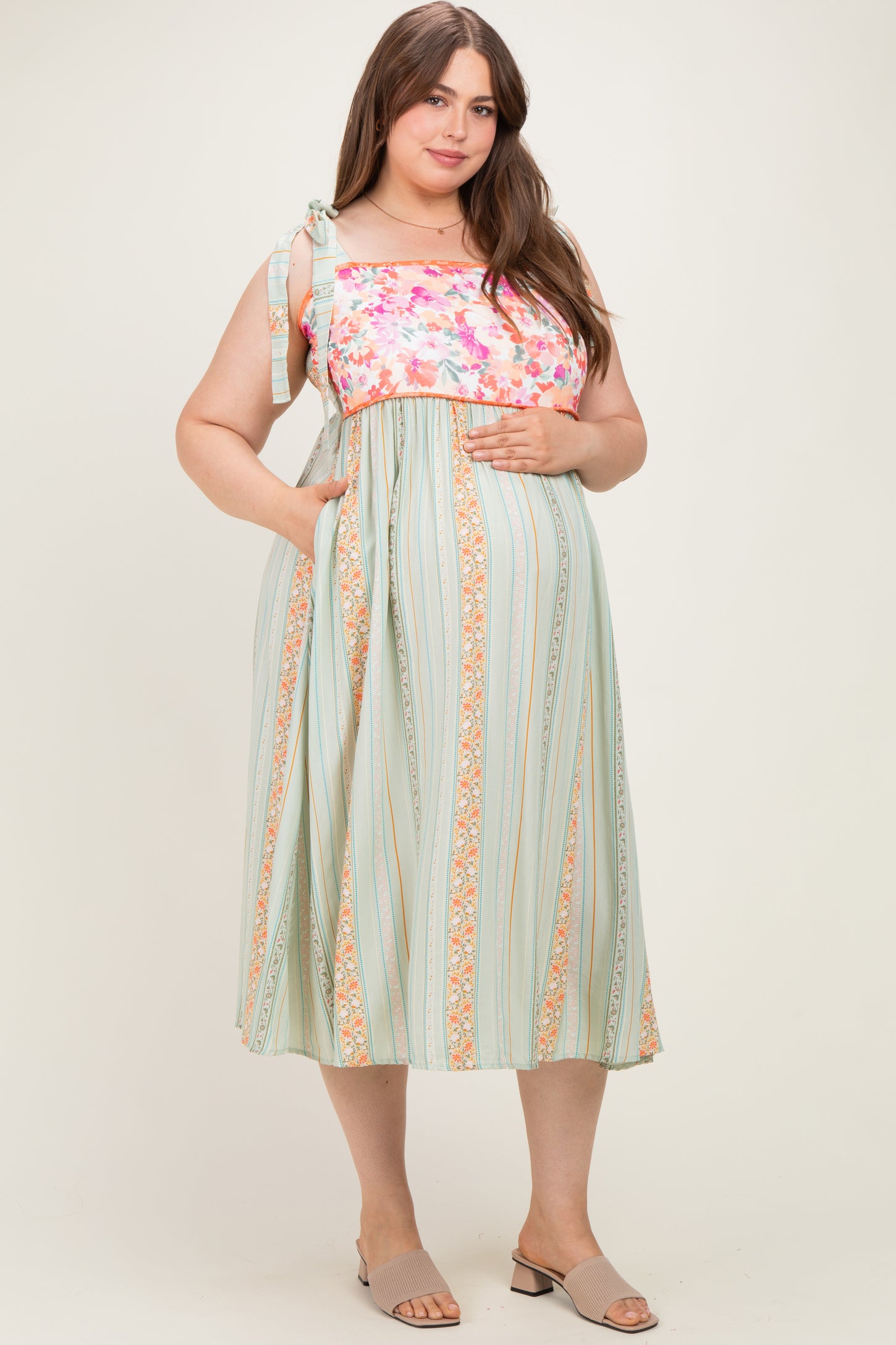 Sage Plus Floral Tie Shoulder Woven Maternity Midi Dress