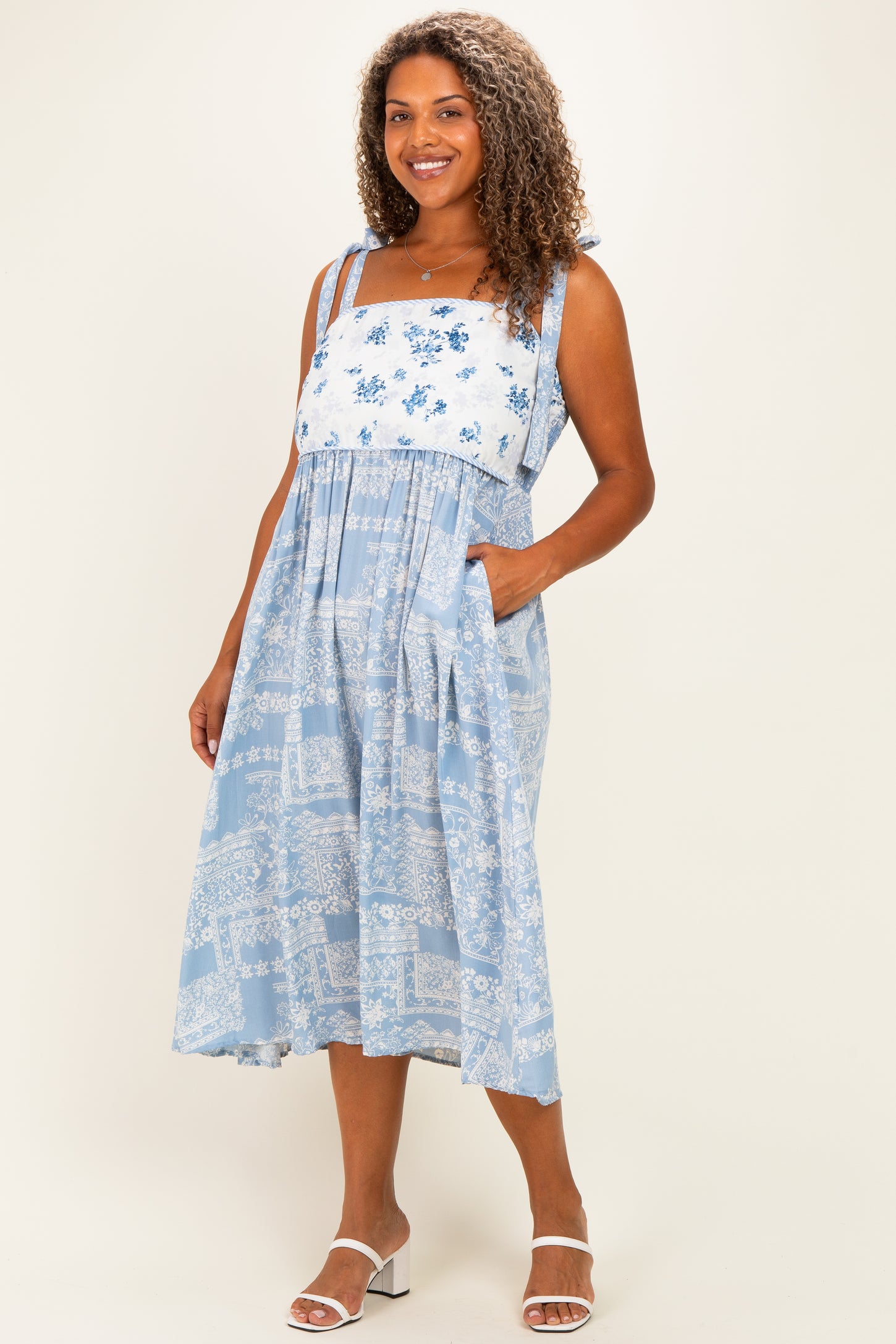 Blue Ivory Plus Floral Tie Shoulder Woven Midi Dress
