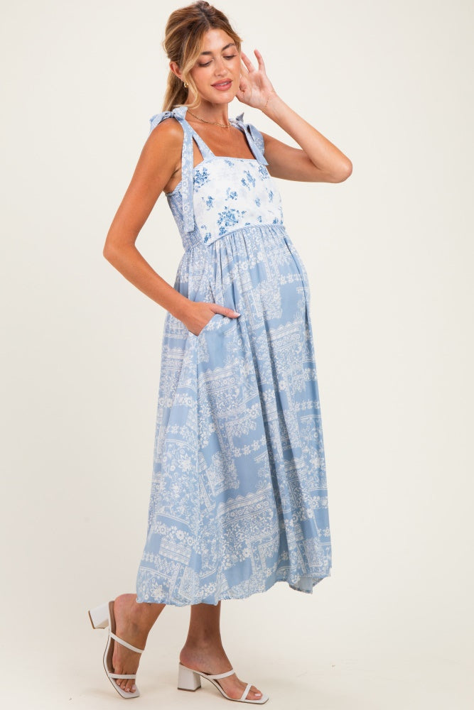 Blue Ivory Floral Tie Shoulder Woven Maternity Midi Dress