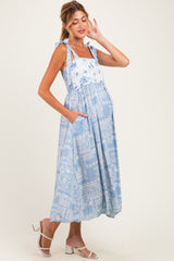 Blue Ivory Floral Tie Shoulder Woven Maternity Midi Dress