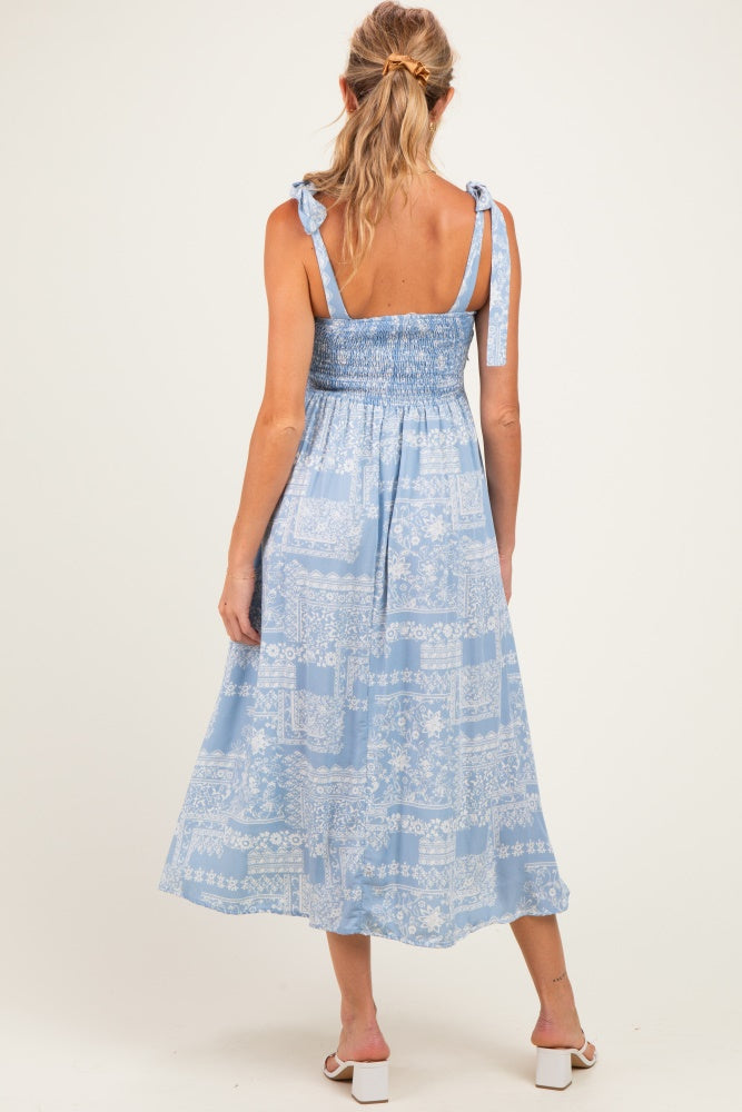 Blue Ivory Floral Tie Shoulder Woven Maternity Midi Dress