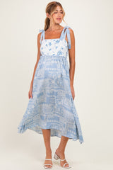 Blue Ivory Floral Tie Shoulder Woven Maternity Midi Dress