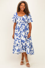 Blue Ivory Plus Sweetheart Smocked Front Floral Maternity Maxi Dress