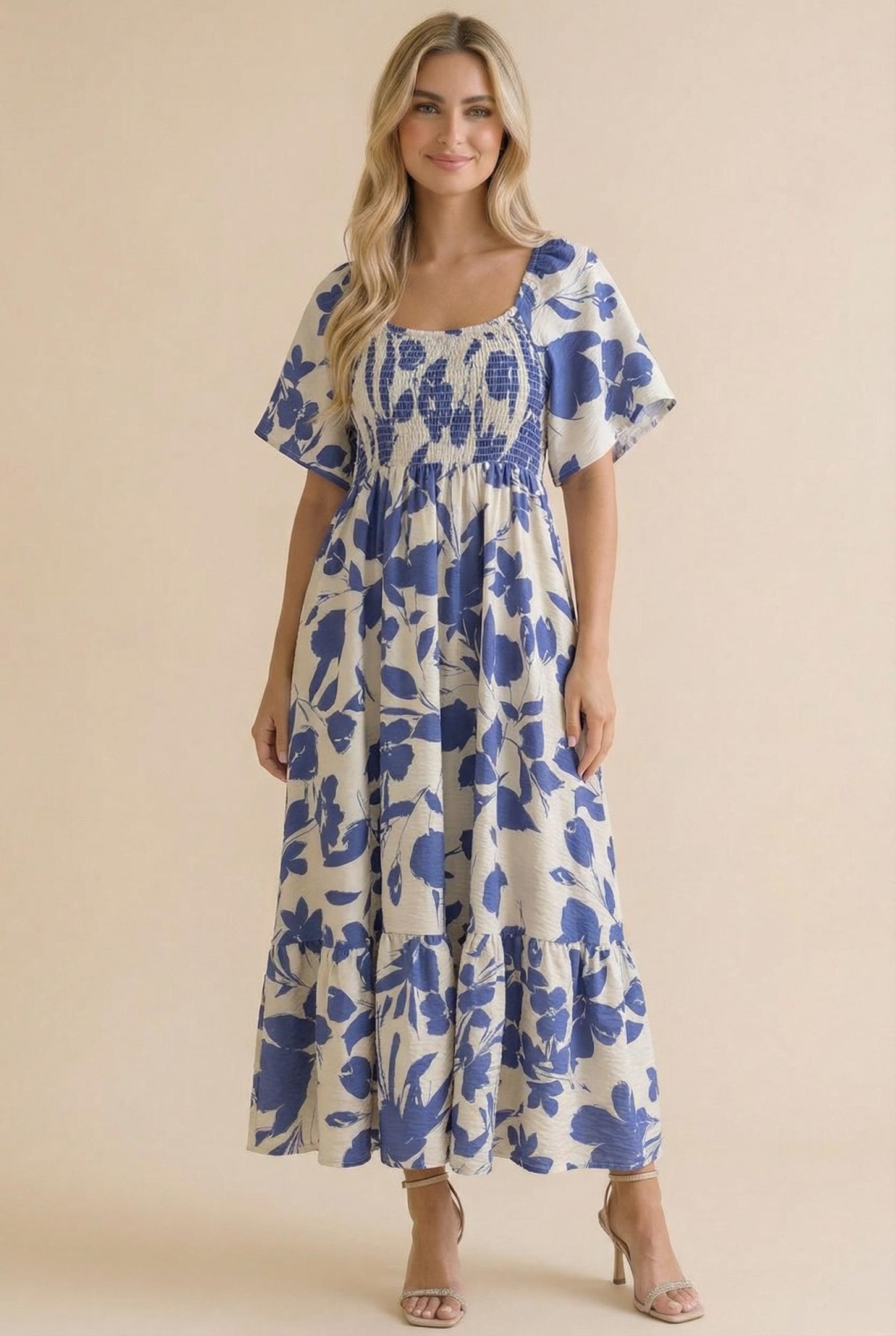 Blue Ivory Sweetheart Smocked Front Floral Maternity Maxi Dress
