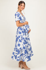 Blue Ivory Sweetheart Smocked Front Floral Maternity Maxi Dress