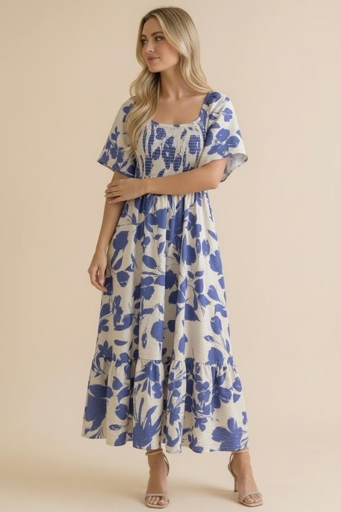 Blue Ivory Sweetheart Smocked Front Floral Maxi Dress