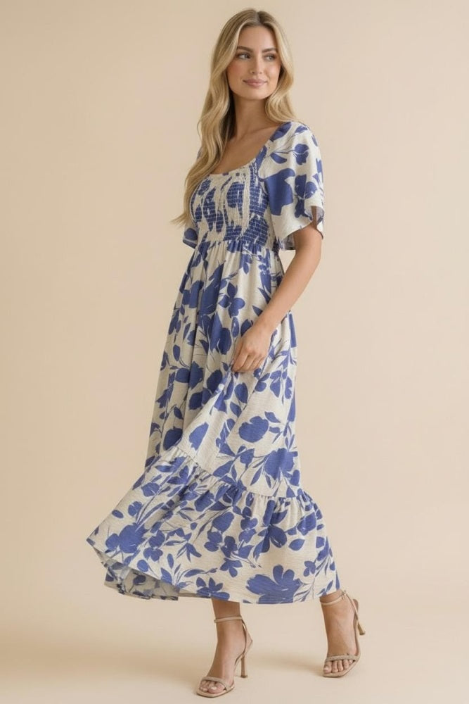 Blue Ivory Sweetheart Smocked Front Floral Maxi Dress