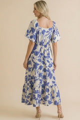 Blue Ivory Sweetheart Smocked Front Floral Maxi Dress