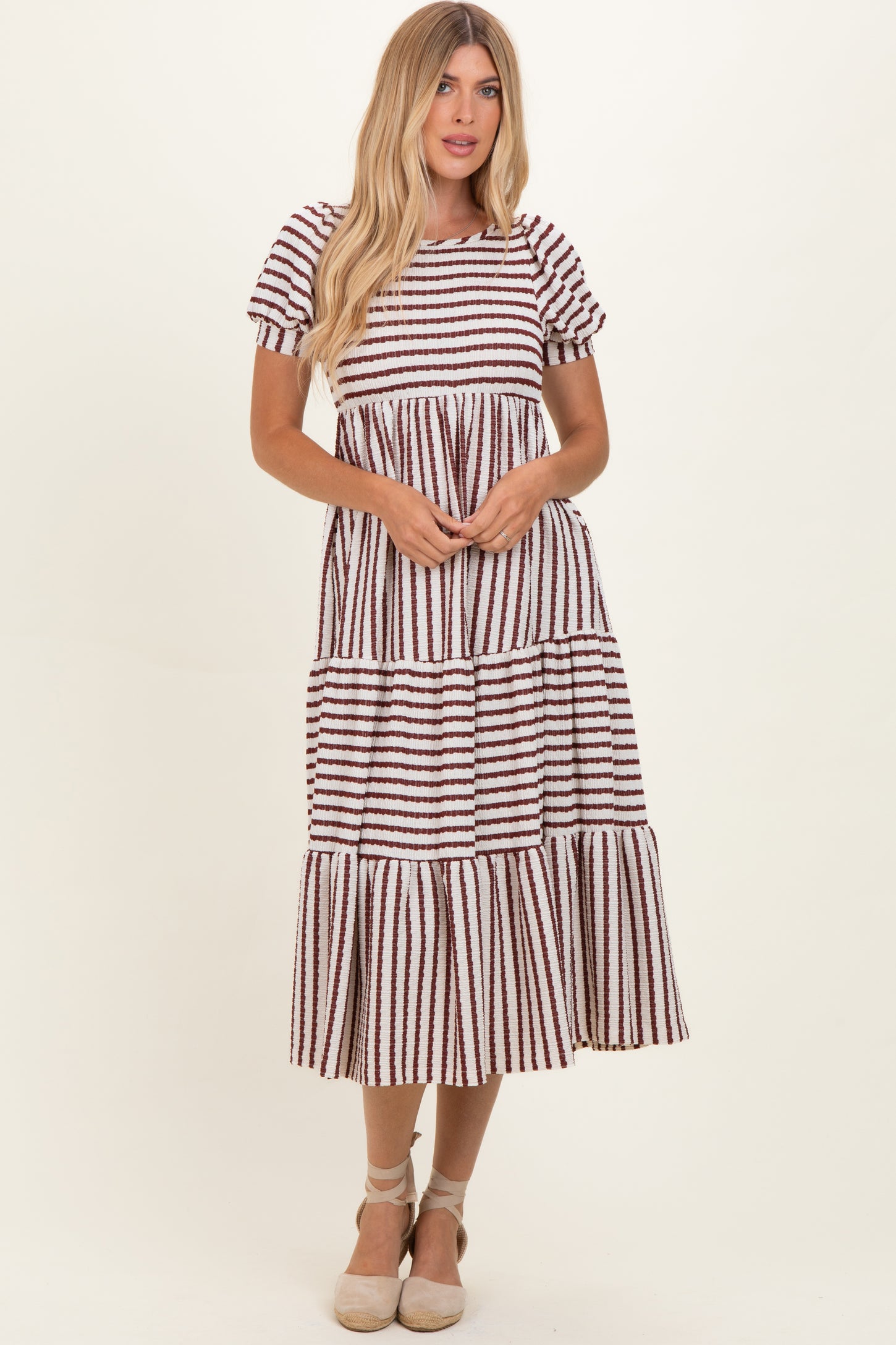 Cream/ Burgundy Striped Short Sleeve Tiered Maxi Dress