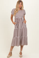 Cream/ Burgundy Striped Short Sleeve Tiered Maxi Dress