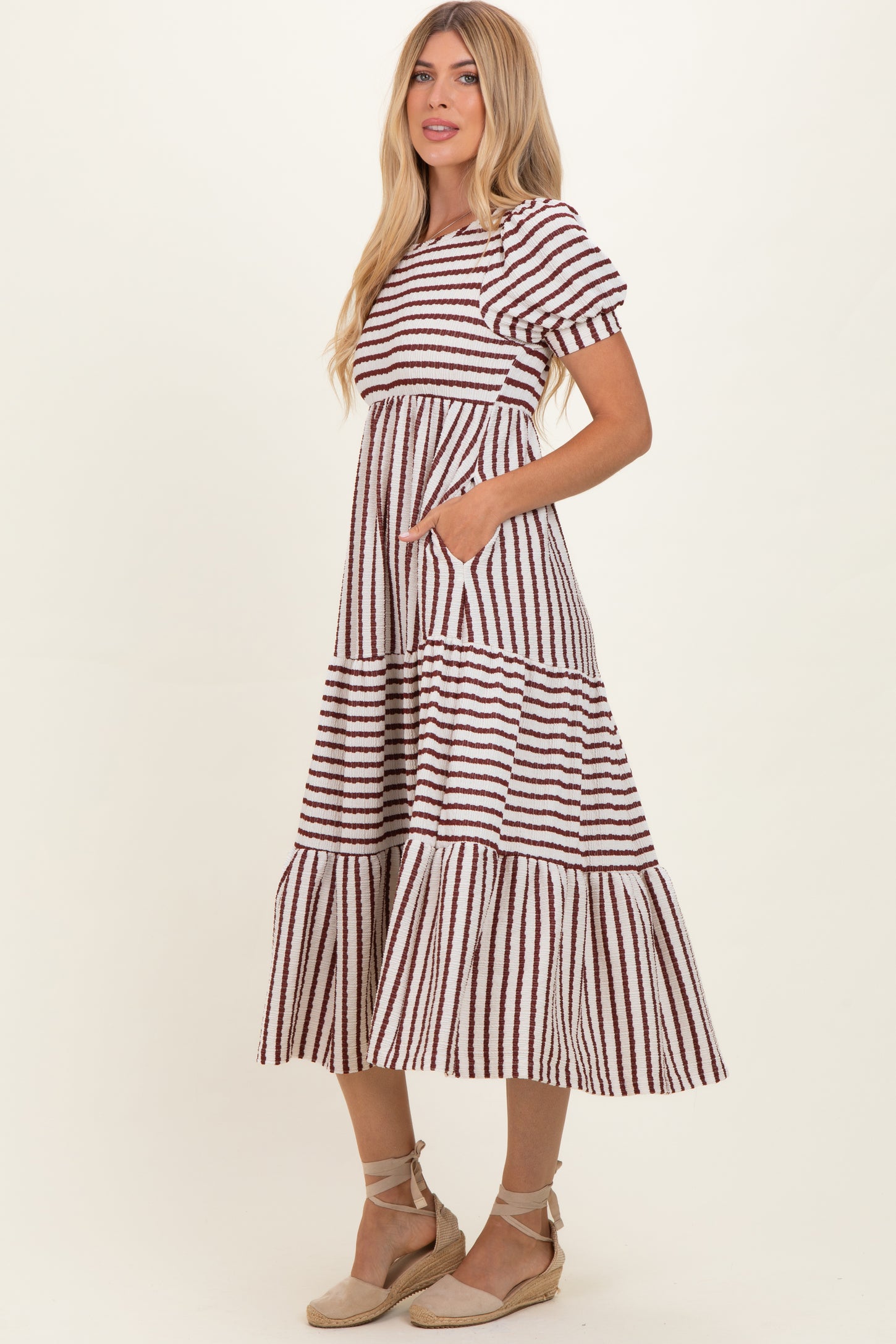 Cream/ Burgundy Striped Short Sleeve Tiered Maxi Dress