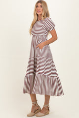 Cream/ Burgundy Striped Short Sleeve Tiered Maxi Dress