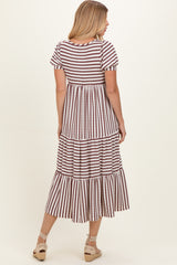 Cream/ Burgundy Striped Short Sleeve Tiered Maxi Dress