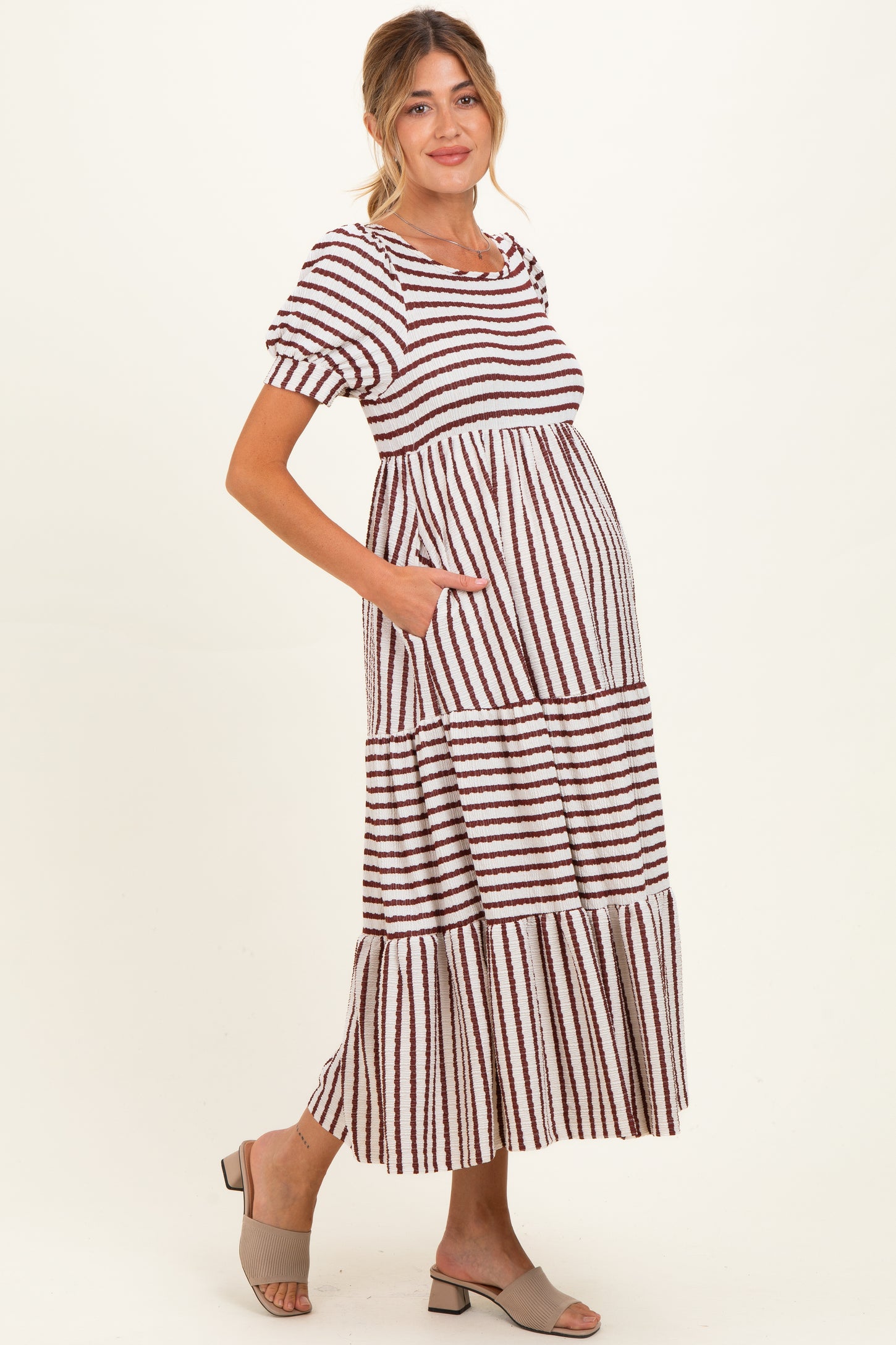 Cream/ Burgundy Striped Short Sleeve Tiered Maternity Maxi Dress