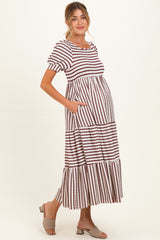 Cream/ Burgundy Striped Short Sleeve Tiered Maternity Maxi Dress