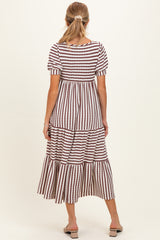 Cream/ Burgundy Striped Short Sleeve Tiered Maternity Maxi Dress