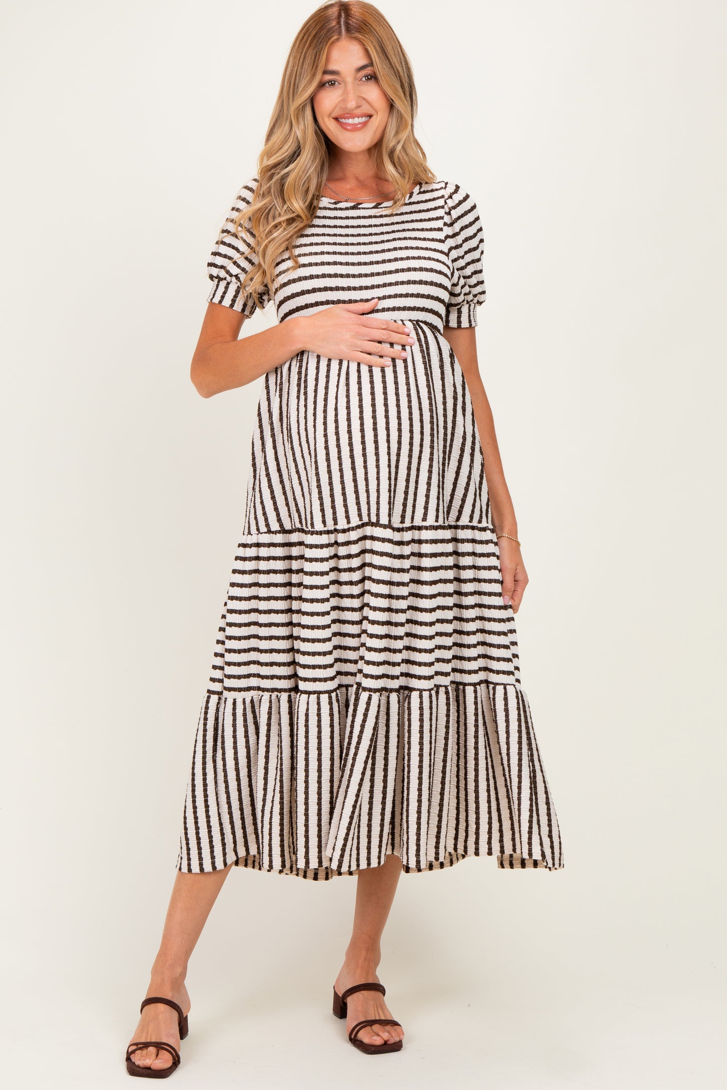 Cream/ Brown Striped Short Sleeve Tiered Maternity Maxi Dress