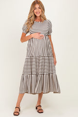 Cream/ Brown Striped Short Sleeve Tiered Maternity Maxi Dress
