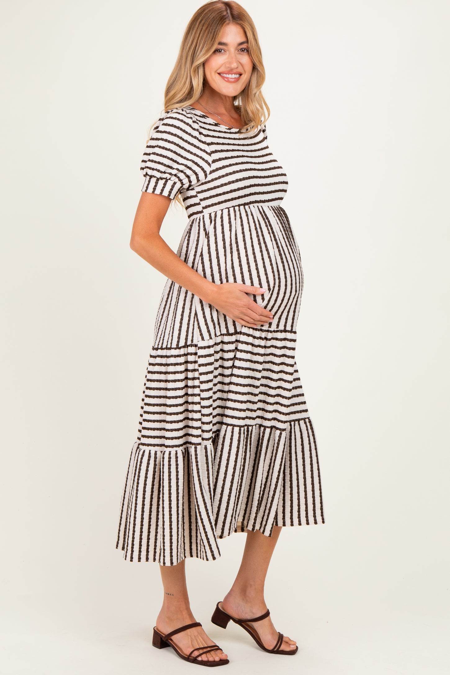 Cream/ Brown Striped Short Sleeve Tiered Maternity Maxi Dress