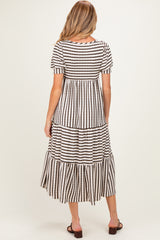 Cream/ Brown Striped Short Sleeve Tiered Maternity Maxi Dress