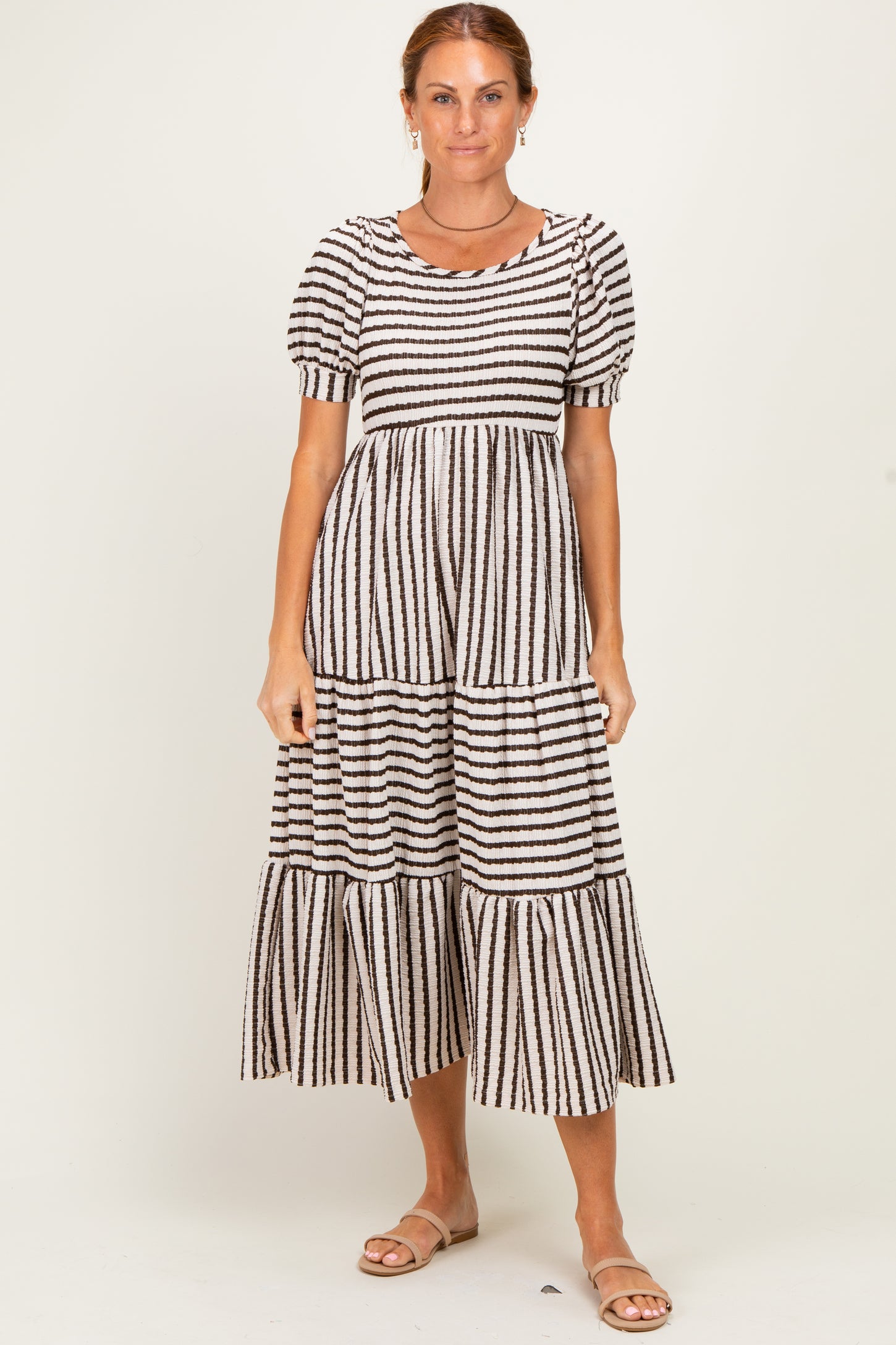 Cream/ Brown Striped Short Sleeve Tiered Maxi Dress