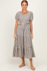 Cream/ Brown Striped Short Sleeve Tiered Maxi Dress