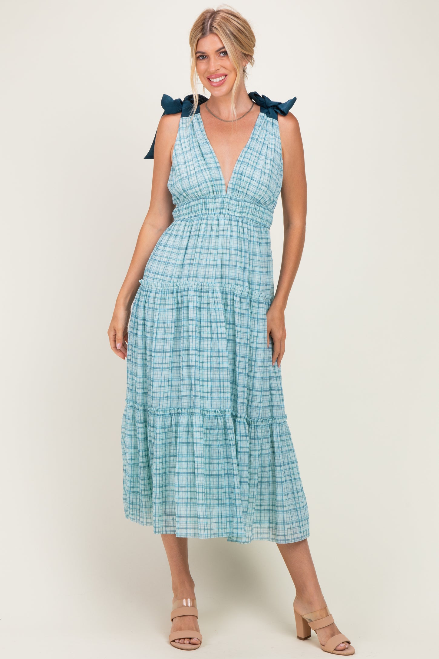 Light Blue Plaid Shoulder Tie Maternity Dress