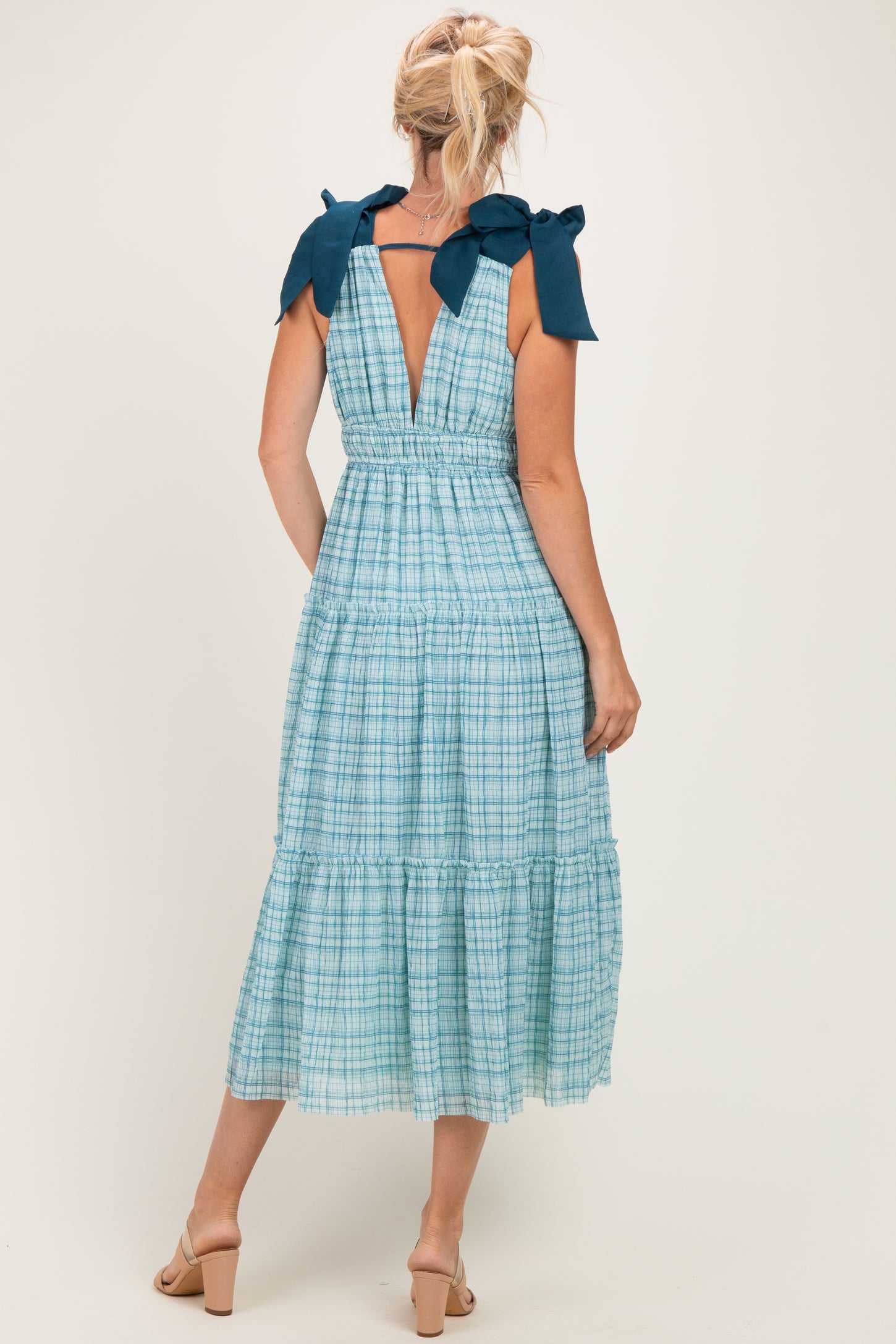 Light Blue Plaid Shoulder Tie Dress