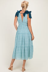 Light Blue Plaid Shoulder Tie Dress