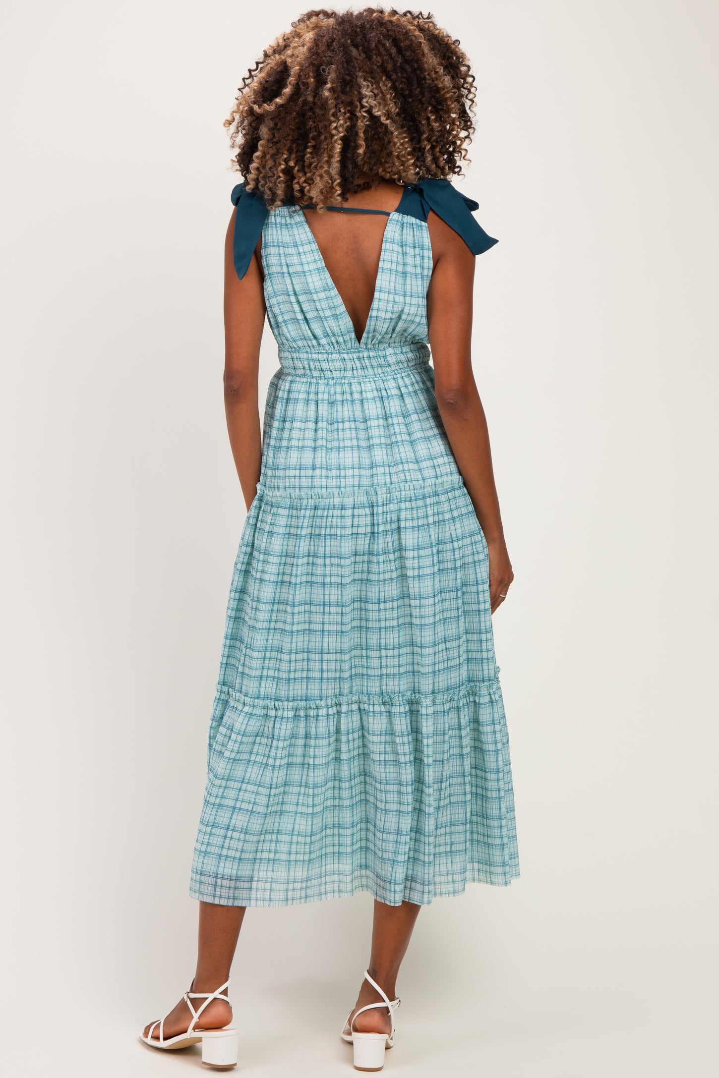 Light Blue Plaid Shoulder Tie Maternity Dress