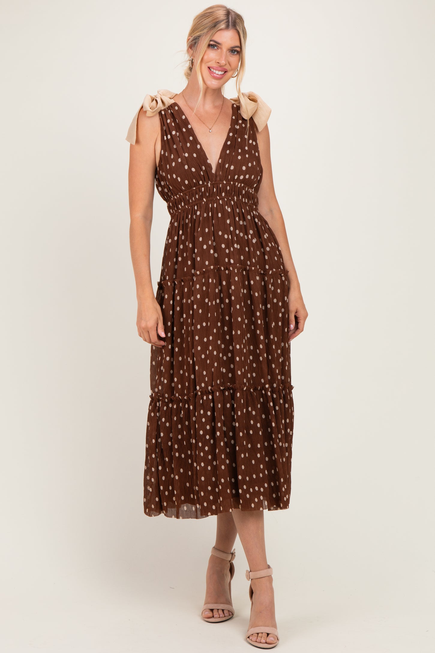 Brown Polka Dot Plisse Shoulder Tie Dress