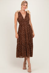 Brown Polka Dot Plisse Shoulder Tie Dress