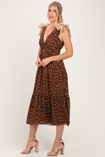 Brown Polka Dot Plisse Shoulder Tie Dress
