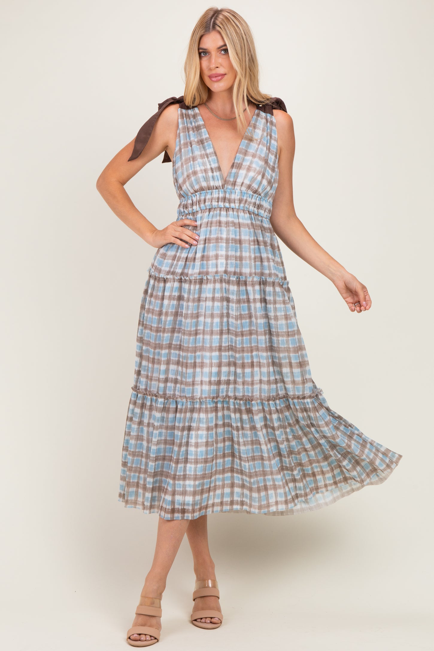 Blue Plaid Shoulder Tie Dress