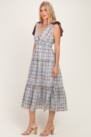 Blue Plaid Shoulder Tie Dress