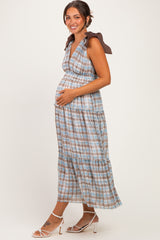 Blue Plaid Shoulder Tie Maternity Dress