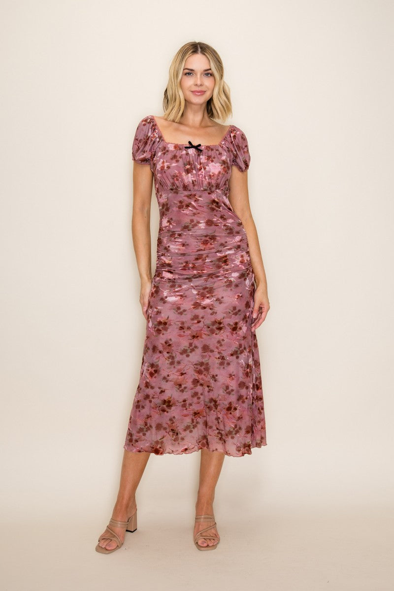 Vintage Rust Ruched Floral Mesh Maternity Midi Dress